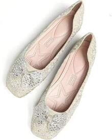 SAILING LU Square Toe Flats Shoes Rhinestoned Bowknots Ballet Flats For Women Studded Dress Shoes Comfort Light Weight LoafersChristmas - B-杏 - 查看 5