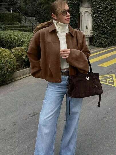 女士飞行员夹克，春季外套，宽松长袖拉链复古夹克，新款夹克，绿色外套