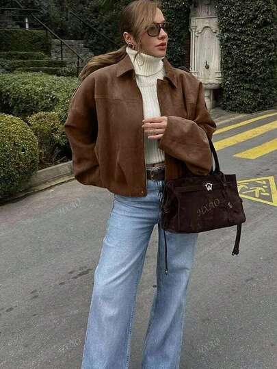 Women's Bomber Jacket Spring Coat Loose Long Sleeves Zip Vintage Jacket Ladies New Jacket Green Outerwears