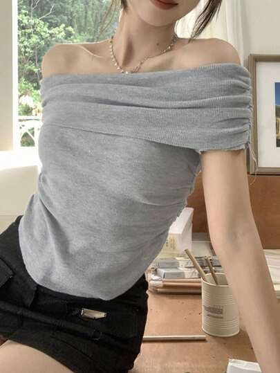Women's Casual Sexy Off Shoulder Solid Color Knit Top, Summer