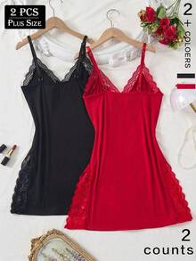2pcs Plus Size Women Lace Patchwork Bow Decor Sexy Slit Camisole Nightgown And Sleepwear, Plus Size Women Lingerie Set - Multicolor - View 2