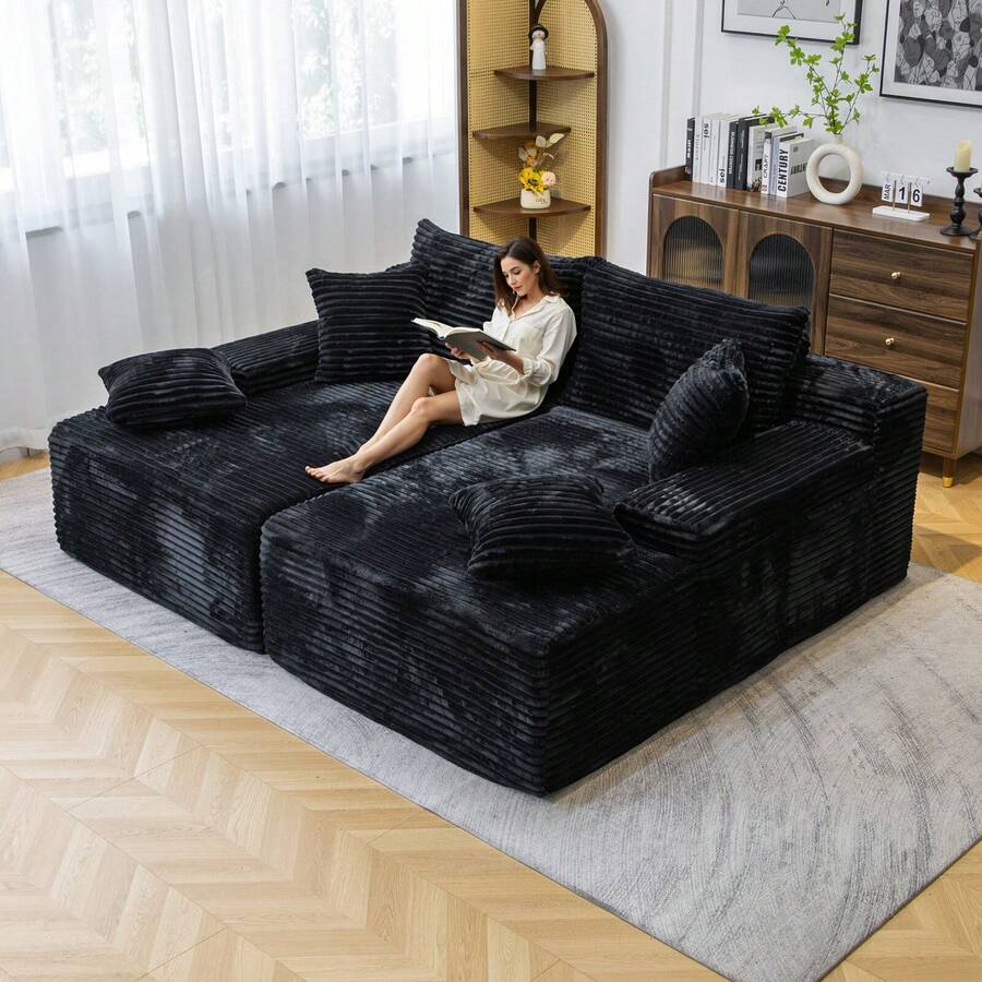 72" Oversized Cloud Sectional Sofa Bed, Double Lounge Chaise, No Assembly Required, Boneless Fluffy Couch With Plush Cushions, Modern Sleeper Loveseat For Small Space, Living Room, Apartment, Movie Night - 黑色 - 查看 1