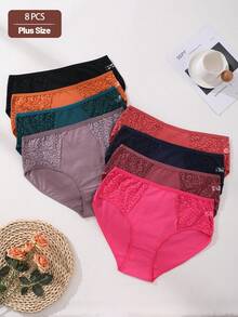 8件装女士加大码内裤中腰无缝三角裤性感蕾丝拼接舒适运动内衣收腹提臀弹力内衣 - 彩色 - 查看 2