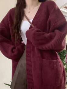 Las mujeres de cuello en V estilo perezoso chaqueta de punto, botón simple japonesa jersey otoño e invierno casual suéter de punto suelto - Burdeos - Ver 4