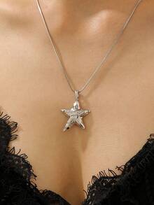 1 件时尚百搭新款心形和星星吊坠毛衣链项链，适合男女，日常佩戴、聚会、节日、礼物 - 銀色 - 查看 10