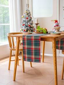 1 szt. bieżnik na stół w zieloną kratę "Wesołych Świąt", w starodawną zieloną kratę, gruba szczotkowana tkanina, nadaje się do kredensu, szafki, nadaje się do prania, do wystroju kuchni, jadalni, salonu, na imprezy, Boże Narodzenie, Nowy Rok
