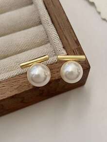 Tkool 2pcs Women's Minimalist T-Shaped Pearl Stud Earrings, Daily Accessory Gift - Multicolor - View 12
