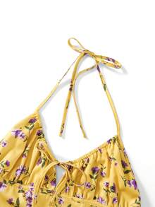 Womens Halter Neck Dress Front Back Tie Layered Floral Print Backless Short Dress - Amarillo - Ver 6
