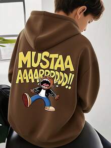 1pc Teen Boy Dynamic Fun Cartoon & Text Pattern Sweatshirt, Individual, School Activity Style - Brown - View 1