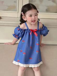 Baby Girls' Cherry Print Puff Sleeve Casual Dress - Blue - View 3