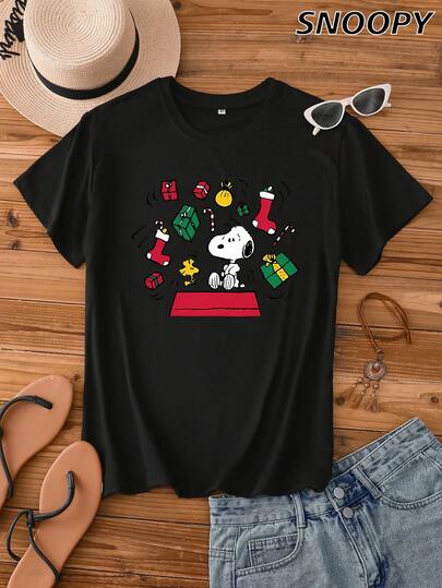 SNOOPY 圣诞礼物印花短袖女装清新减龄百搭上衣女