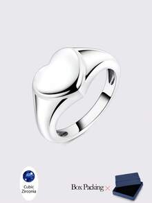 1 Pc Original 925 Sterling Silver Women Finger Rings Heart Shape Minimalist Class Style Plain Circle Ins Elegance Fashion Accessory Jewelry Gifts Fits Daily Party Shopping - Silver - View 2