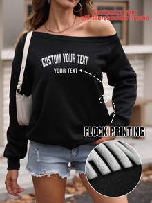 Customized Women's Off-Shoulder Sweatshirt With Flocking Print, Women's Autumn Clothing,Women's Winter Clothing,Halloween Costumes,Casual And Relaxed Black Top For Fall, Perfect For Going Out, Shopping, Festivals, Parties, Gatherings, And Travel.