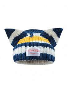 1pc Women's Knitted Hat, Cute Cat/Rabbit Ear Design, Warm Beanie Cap, Suitable For Autumn/Winter Everyday & Outdoor Use (Slight Variation In Stripe Placement) - Multicolor - View 19
