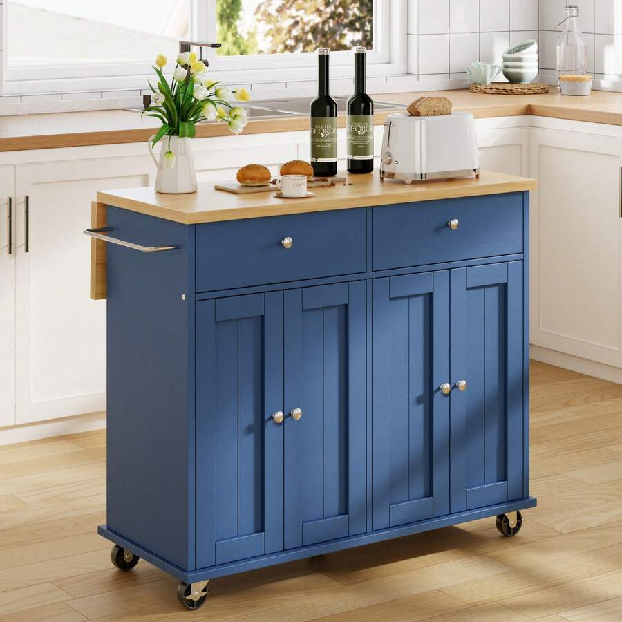 39" Kitchen Island On Wheels With Storage Cabinet Kitchen Cart Cabinet With Shelves, Cart Handle For Towel Rack Or Free Mobility, Portable Islands, - Màu xanh lam - Xem 1