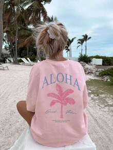 2026 Summer Shirts Women's New Palm Tree Slogan Print Casual Round Neck Short Sleeve T-Shirt, Fashionable Resort Style, Your Daily Essential Item. Gr - Pink 2 - 查看 3