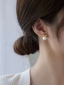 Tkool 2pcs Women's Minimalist T-Shaped Pearl Stud Earrings, Daily Accessory Gift - Multicolor - View 5