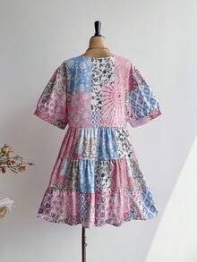 Rusttydustty 大码女式波西米亚风茶会日常度假叠层娃娃棕色V领连衣裙，音乐节派对服装 - 藍色 - 查看 3