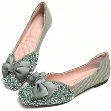 SAILING LU Square Toe Flats Shoes Rhinestoned Bowknots Ballet Flats For Women Studded Dress Shoes Comfort Light Weight LoafersChristmas - C-綠 - 查看 6