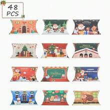 48PCS Christmas Pillow Boxes Small Gifts Boxes Christmas Gift Card Holders Bulk 12 Designs Xmas Gift Boxes Decorative Paper Container For Gift Jewelry Xmas Party Favors