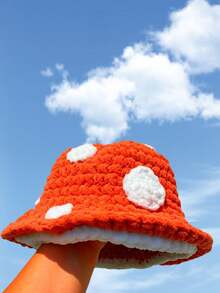1pc Women's Red Bucket Hat, Cute Mushroom Bucket Hat, Handmade Crochet Thick Warm Knit Cap, Fairy Forest Hat, Casual Daily Hat