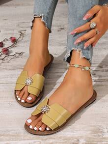 韩版休闲平底拖鞋，露趾，编织罗马凉鞋，适合春夏，沙滩，度假，搭配连衣裙，平底，棕色 - 乳黃色 - 查看 5
