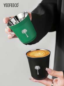 yeefeeco 1pc Stainless Steel Teacup, Coffee Cup With Green Palm Tree Pattern, Saudi National Day Gift, Iced Americano & Latte Cup, Outdoor Camping Water Cup, Mug, Green & Black Coffee Cup (80ml/160ml), Suitable For Saudi National Day Gifting, Receiving Guests And Afternoon Tea