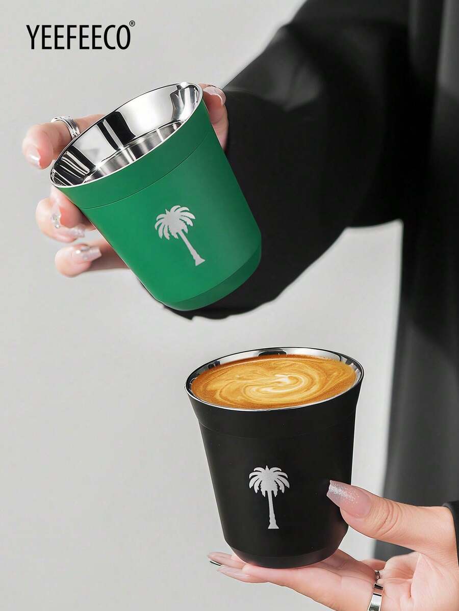 yeefeeco 1pc Stainless Steel Teacup, Coffee Cup With Green Palm Tree Pattern, Saudi National Day Gift, Iced Americano & Latte Cup, Outdoor Camping Water Cup, Mug, Green & Black Coffee Cup (80ml/160ml), Suitable For Saudi National Day Gifting, Receiving Guests And Afternoon Tea