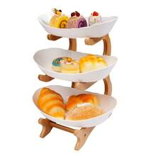 White 3-Tier Plastic Fruit Stand, Bamboo-Style Multi-Level Display Tray For Party Snacks & Dessert Serving With Stable Base - Wood, White - View 10