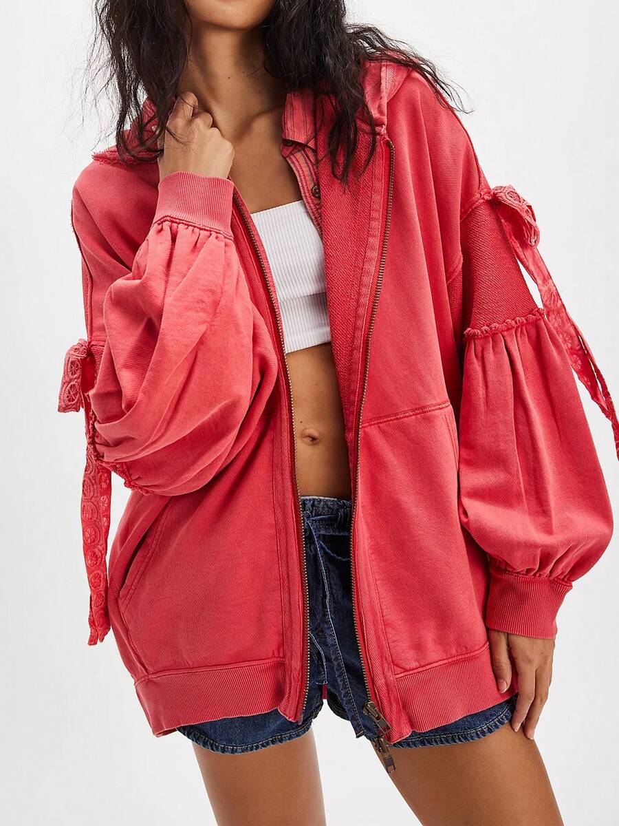 Women Oversized Zip Up Sweatshirt Open Front Loose Fit Long Sleeve Tie Bow Hoodies Y2K Streetwear With Pockets - 紅色 - 查看 1