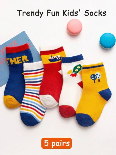 5 Pairs Cartoon Rocket Print Crew Socks For Boys (3-12 Years Old) - Soft, Comfortable And Versatile Mid-Calf Socks Suitable For Boys' Sports And Casual Wear, All Season