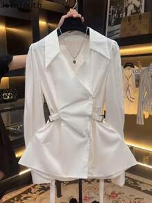 Women's Elegant Waist Design Long Sleeve Blouse, Solid Color Woven Fabric, Suitable For Office And Everyday Wear, Spring/Summer - White - View 3