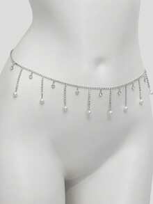 1pc French Faux Pearl Tassel Pendant Waist Chain, Elegant High-End Luxury Look For Women - Silver - View 6