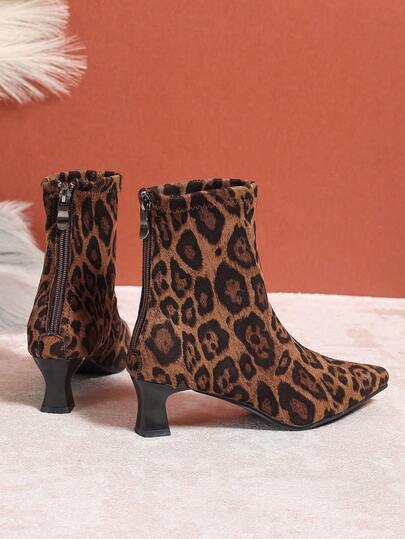 女士豹纹踝靴，时尚尖头高跟鞋，新款秋冬踝靴，弹力针织高跟短靴，舒适套穿式派对礼服靴