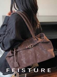 1 件 FEISTURE 大容量女士手提包，带肩带装饰，磁扣，适合日常外出、约会、通勤 - 咖啡 - 查看 7