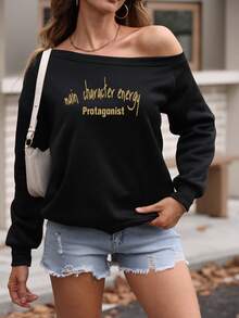Customized Women's Off-Shoulder Sweatshirt With Flocking Print, Women's Autumn Clothing,Women's Winter Clothing,Halloween Costumes,Casual And Relaxed Black Top For Fall, Perfect For Going Out, Shopping, Festivals, Parties, Gatherings, And Travel.