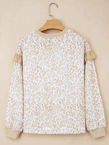 Acelitt Spring And Autumn Women's Khaki Leopard Print Splicing Ribbed Edge Ruffle Detail Round Neck Knitted Top