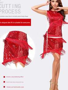 Latin Dance Performance Costume, Sequin Fringe Latin Competition Dress, Sleeveless Dance Outfit - متعدد الألوان - مشاهدة 10