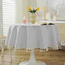Meioro Striped Tablecloth Round Tablecloths Cotton Blend Table Cloth Washable Tabletop Decorative Fabric Table Cover For Kitchen Dinning (Grey, Round 60 Inch) - 灰色60圓形 - 查看 1