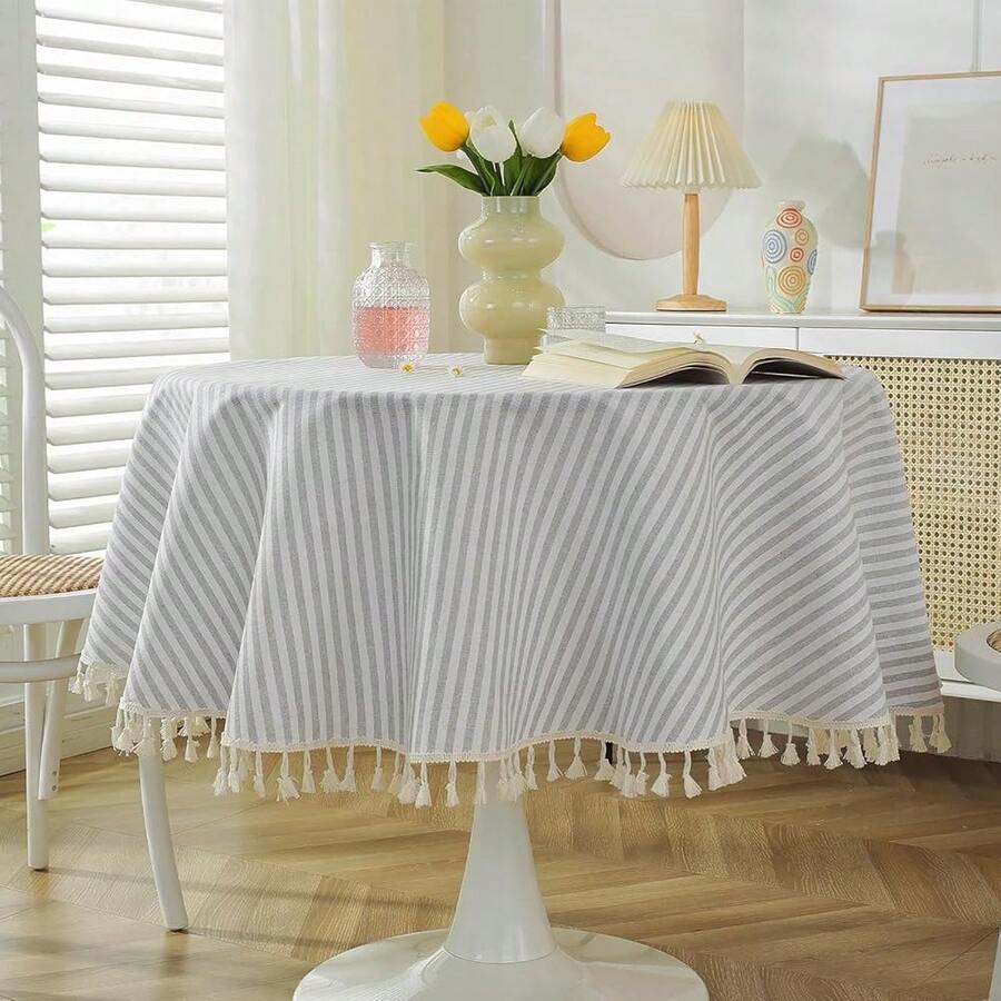 Meioro Striped Tablecloth Round Tablecloths Cotton Blend Table Cloth Washable Tabletop Decorative Fabric Table Cover For Kitchen Dinning (Grey, Round 60 Inch) - 灰色60圓形 - 查看 1