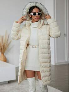 Women's Solid Color Casual Puffer Long Sleeve Coat, Made In Turkey, Fleece Lining With Faux Fur Trim - White - View 7