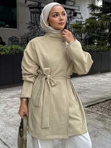 DAZY 女士休闲宽松工装风衣立领街头休闲系带风衣外套，秋季女装，简约时尚 - 卡其色 - 查看 4