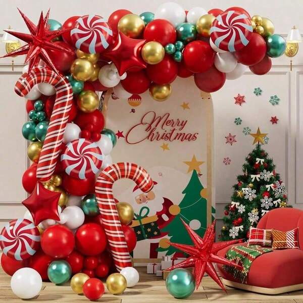 132Pcs Christmas Balloons Arch Garland Kit, Red White Green Balloons Santa Claus Gift Box Candy Cane Foil Balloon For Birthday BabyShower Party Decorations Supplies