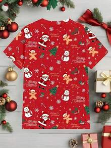圣诞节青年图案短袖 T 恤 - 红色涤纶混纺，圣诞老人、雪人和姜饼设计，圆领，可机洗，有趣的圣诞衬衫 - 彩色 - 查看 2