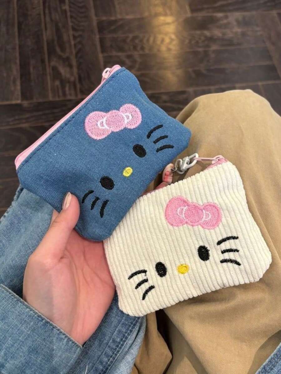 Sanrio 1 pieza Monedero bordado con gato Kitty de Sanrio, bolsa de almacenamiento mini, bolsa cosmética portátil, bordado de alta calidad para mujer, billetera mini, monedero, billetera de viaje de otoño, monedero para monedas, monedero para dinero, estilo Y2K
