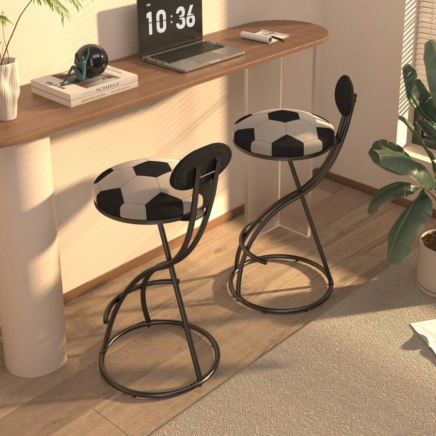 MoolSun 29 Inch Bar Stool Set - Counter Height Stool, Velvet Counter Stool, High Stool With Backrest And Metal Legs, Medieval Modern Bar Chair For Kitchen Island, Dining Room Chair - B-黑色(足球印花坐凳) - 查看 1