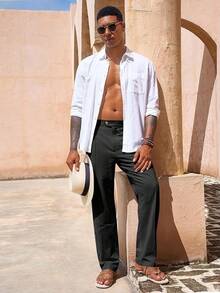 Mens Casual Pants Elastic Waist Cotton Linen Pants Pleated Loose Fit Lightweight Beach Yoga Trousers-20256688 - 黑色 - 查看 4