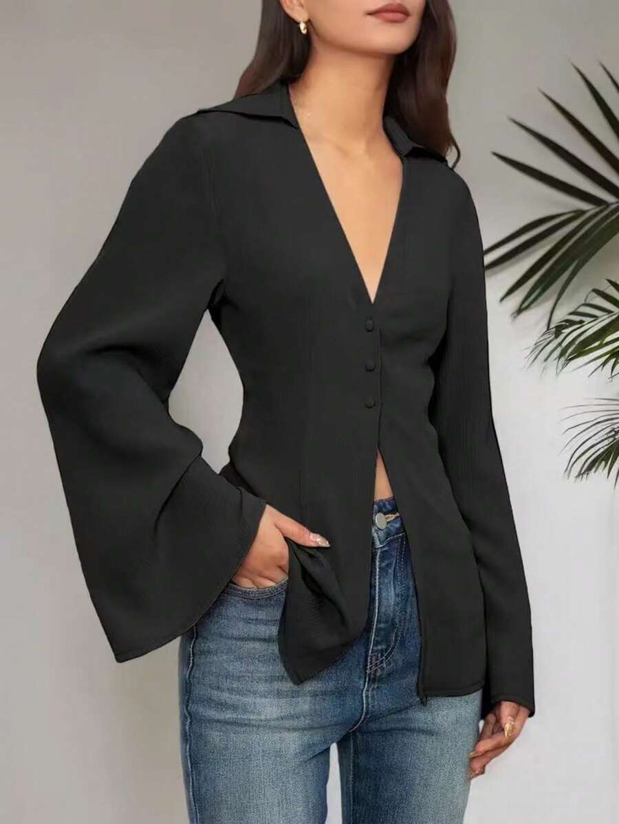 Damen Einfarbige Bluse mit Knopfleiste und Schlitz-Saum, Büromode