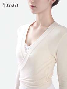 DonsGirl 1 chiếc áo ba lỗ dài tay kiểu Pháp dành cho nữ - Thắt dây chéo, cổ chữ V sâu, dáng ôm, màu trơn | Thích hợp cho tập thể dục, yoga, khiêu vũ Latin và mặc hàng ngày. - Màu be - Xem 6