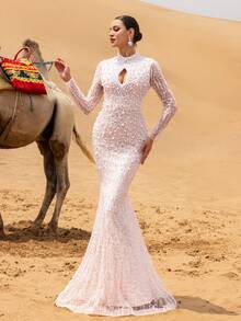 Faeriesty Robe de soirée de luxe sirène pailletée avec perles et encolure montante, découpe au niveau du décolleté - Élégance de luxe pour les galas, mariages, bals de promo et réceptions Top de gamme pour femmes - Rose pâle - Voir 8